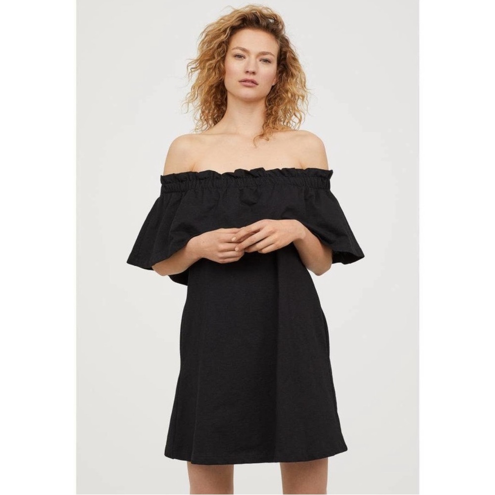 Black Elastic Off the Shoulder Mini Dress w Pockets
